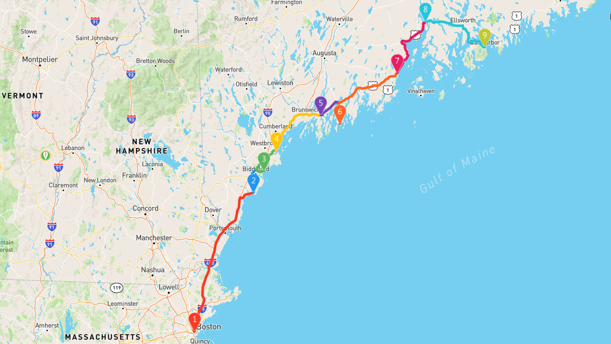 U.S. Route 1, Boston to Bar Harbor, Maine Road Trip Map |  Geovea.com