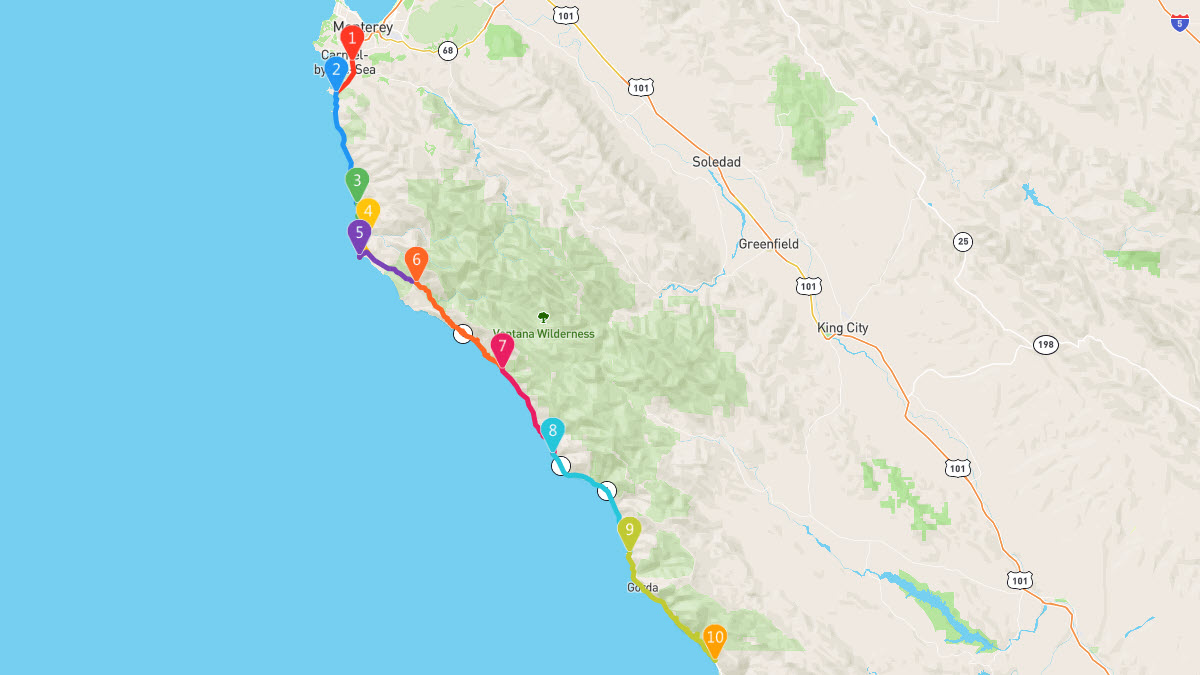 Route 1 – Big Sur Coast Highway, California Road Trip Itinerary | © Geovea ©Mapbox ©OpenStreetMap