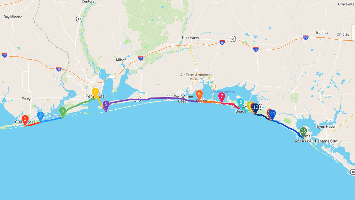Gulf Coast Beaches – Alabama to Florida Road Trip Itinerary | © Geovea ©Mapbox ©OpenStreetMap