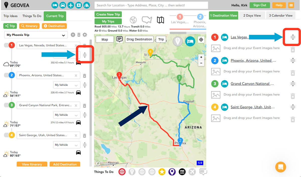 Destination Screen Example Reorder Destinations - Desktop | Geovea