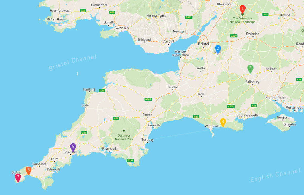South West England Luxury Travel Attractions Map - GEOVEA