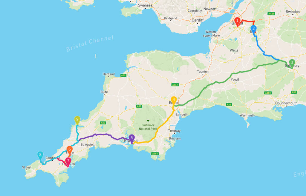 South West England Luxury Travel Destinations Map - GEOVEA