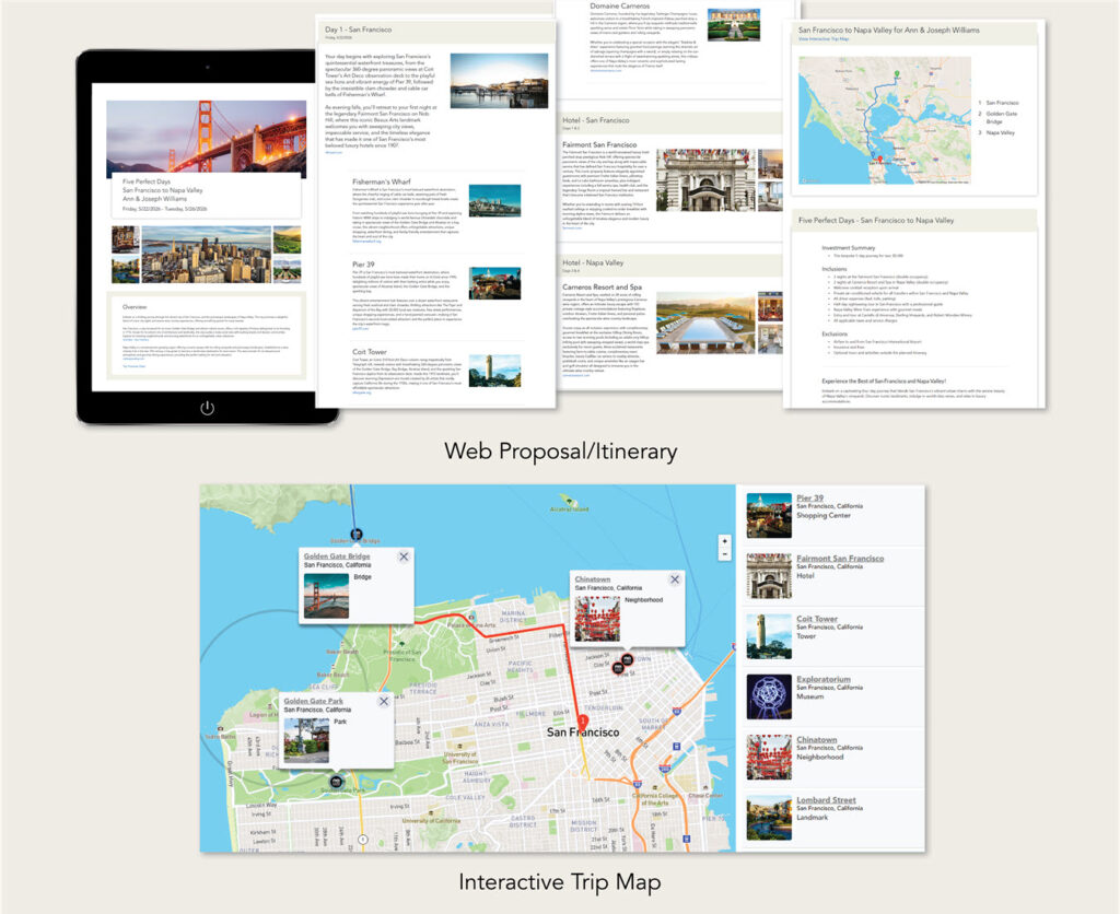 Geovea trip planning software interface displaying a detailed client proposal with destination photos, day-by-day itinerary, and interactive map