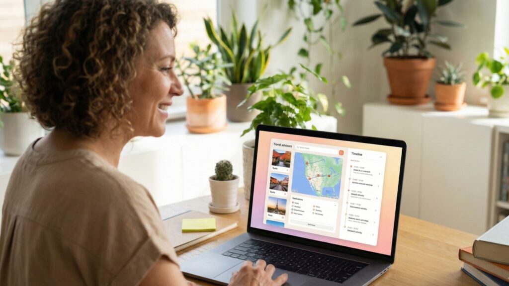 Travel advisor having client collaboration while laptop displays an AI-generated itinerary, showing the balance between personal service and technology efficiency