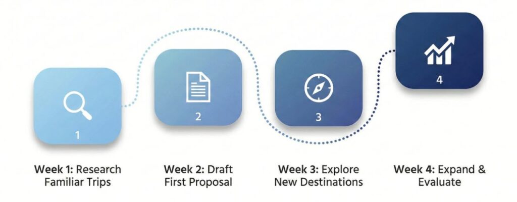 Four-week timeline for travel advisors learning AI tools: Week 1 research familiar trips, Week 2 draft first proposal, Week 3 explore new destinations, Week 4 evaluate and expand workflow